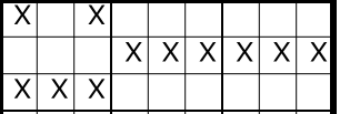 An excerpt
			of a Sudoku. You can see three rows, in the left 
			block the upper left and
			right cells are occupied, as well as the lower row.
			In the other two blocks the middle row is occupied